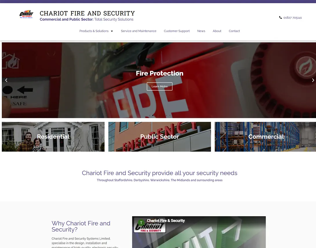Chariot Fire & Security WordPress website designed by SPA Web Design