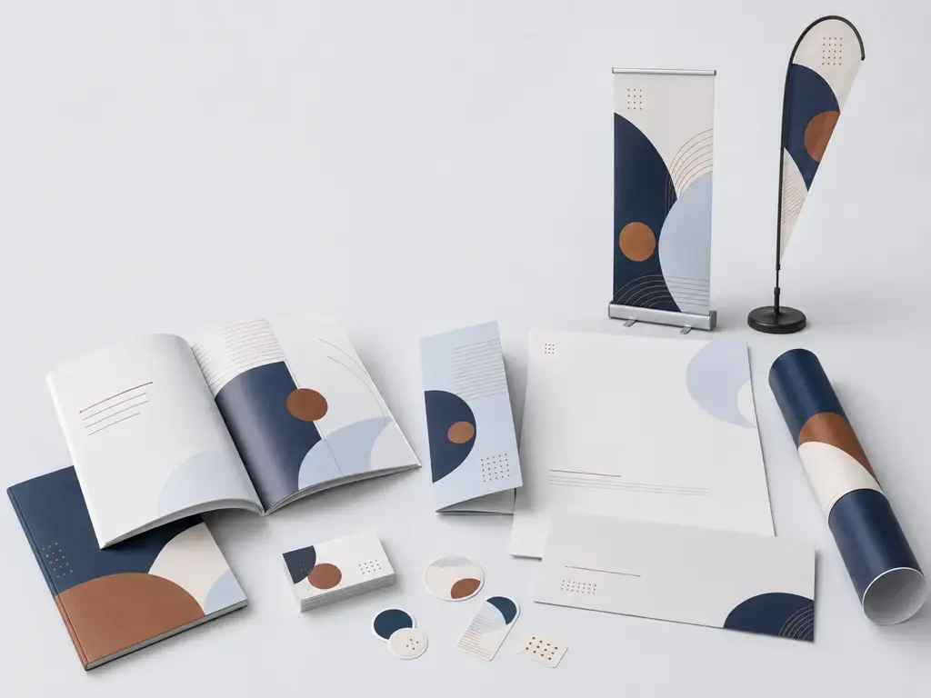 Selection of professional printed marketing materials arranged by SPA Web Design