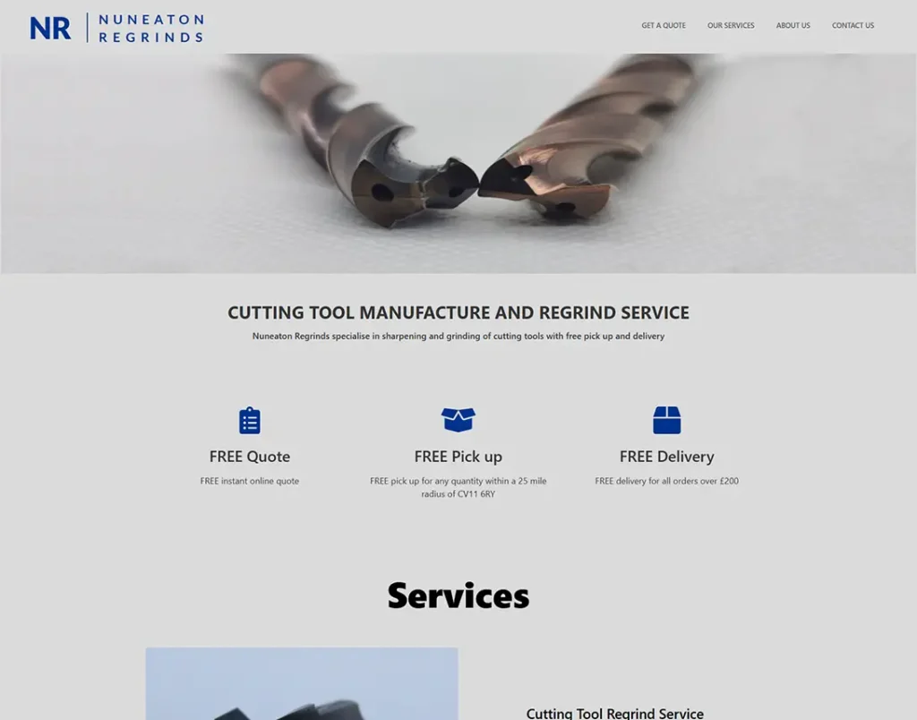 Nuneaton Regrinds manufacturing website designed by SPA Web Design