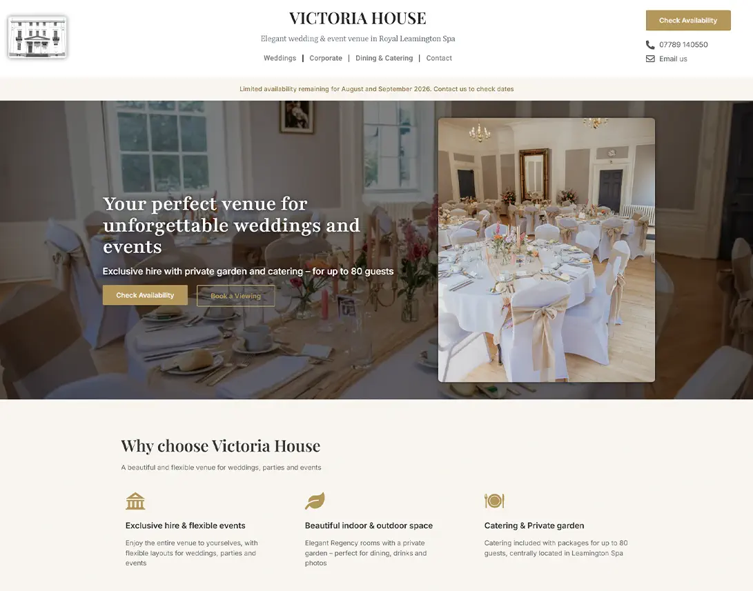 Victoria House wedding venue website designed by SPA Web Design