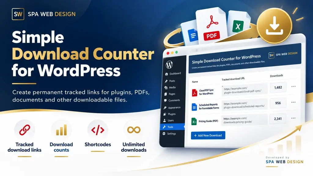 Simple Download Counter for WordPress plugin showing tracked download links and download counts